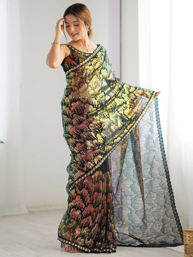 Stunning Black Sequins Net Reception Wear Saree With Blouse